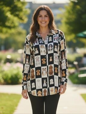 Vintage PIANO 100% Silk Dog Print Button Down Blouse Novelty Print Collared. LG